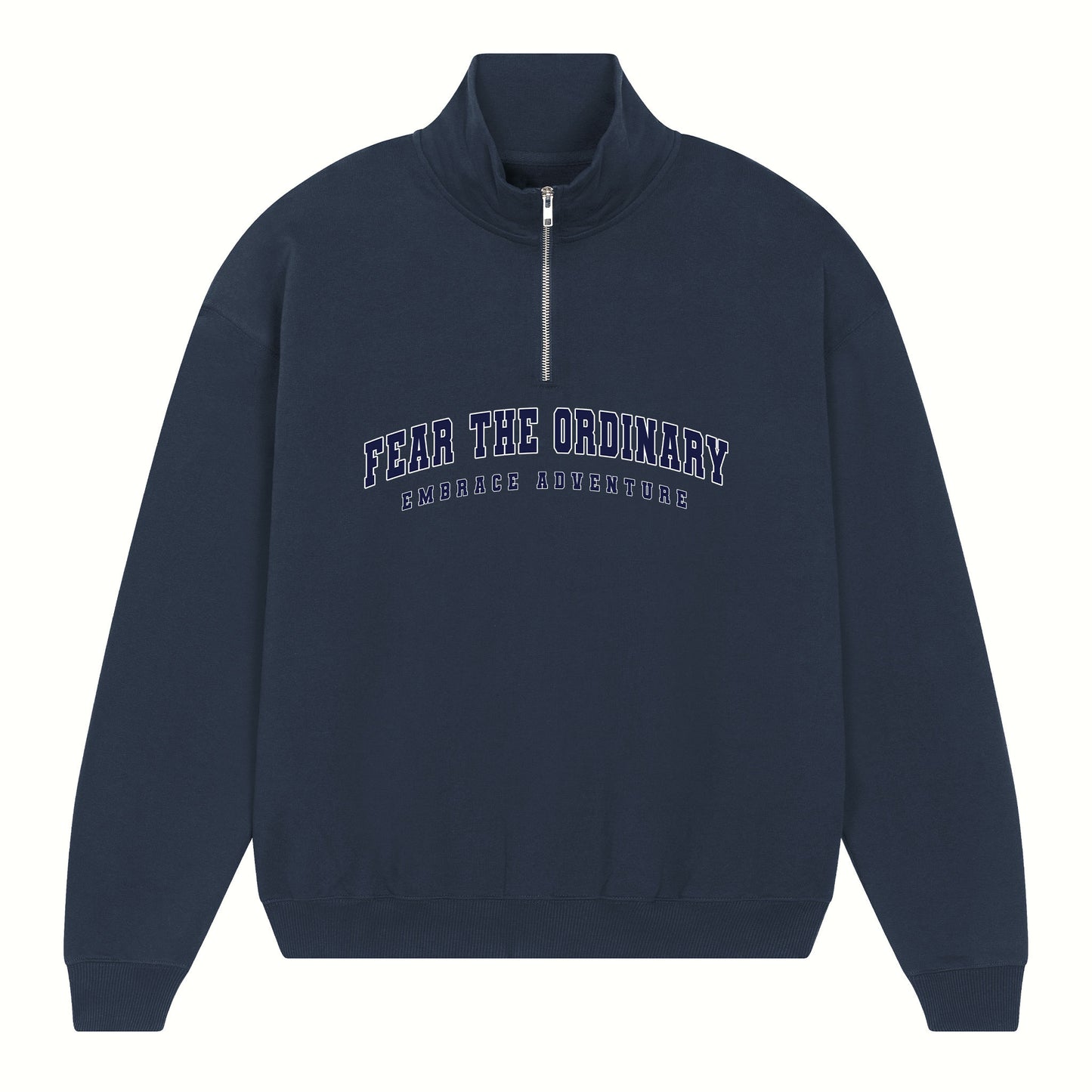 Fear the ordinary navy blue oversized vintage half zip sweater with blue navy embrace adventure print.