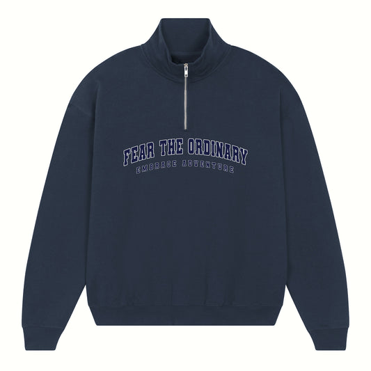Fear the ordinary navy blue oversized vintage half zip sweater with blue navy embrace adventure print.