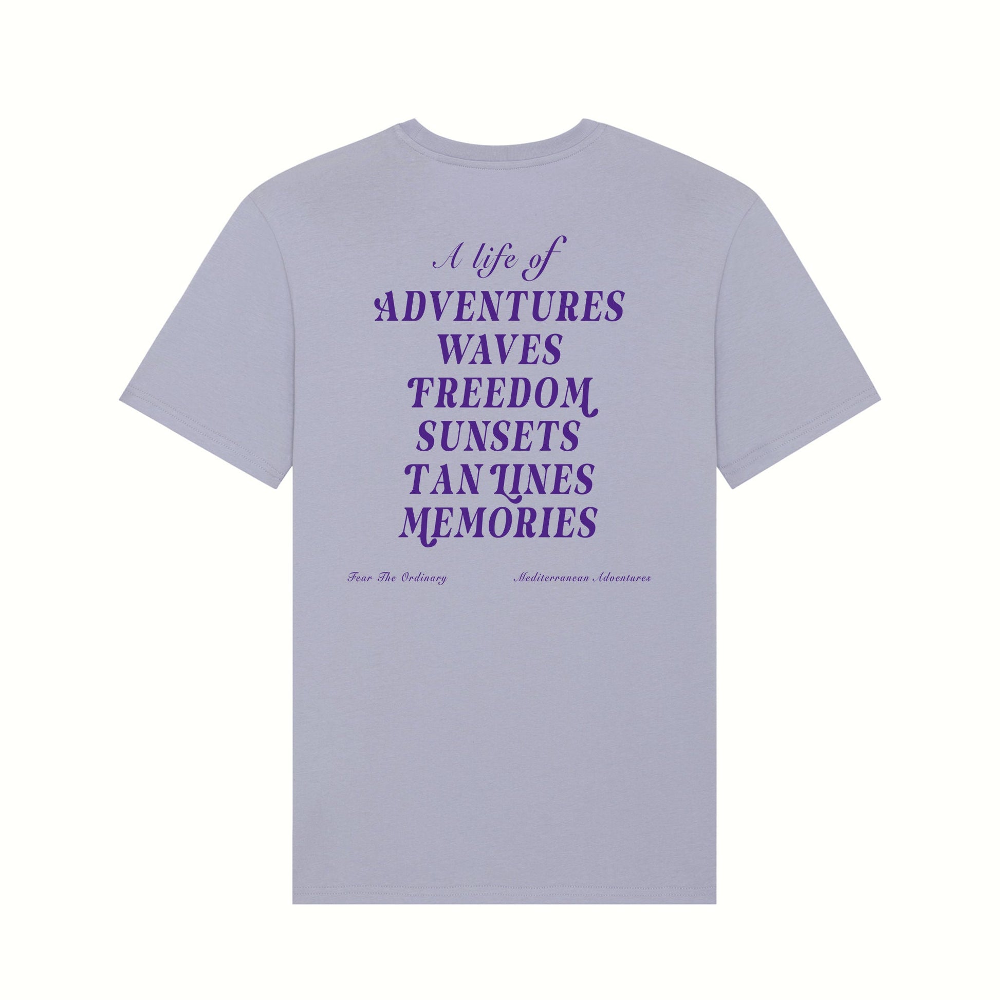 Fear The Ordinary lavender premium organic cotton t-shirt with purple adventure inspired back print.