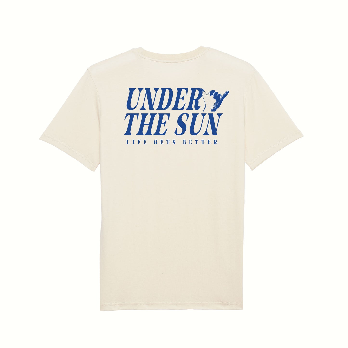 Fear The Ordinary natural premium organic cotton t-shirt with blue cobalt under the sun summer inspired back print.