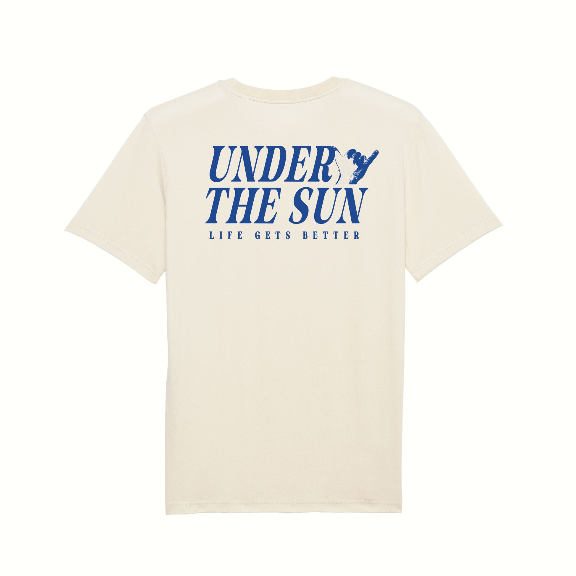 Fear The Ordinary natural premium organic cotton t-shirt with blue cobalt under the sun summer inspired back print.