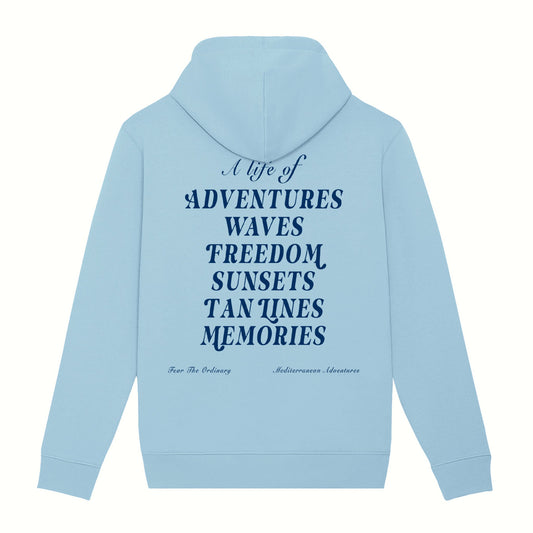 Fear the ordinary sky blue premium organic cotton hoodie with cobalt blue adventure inspired back print.