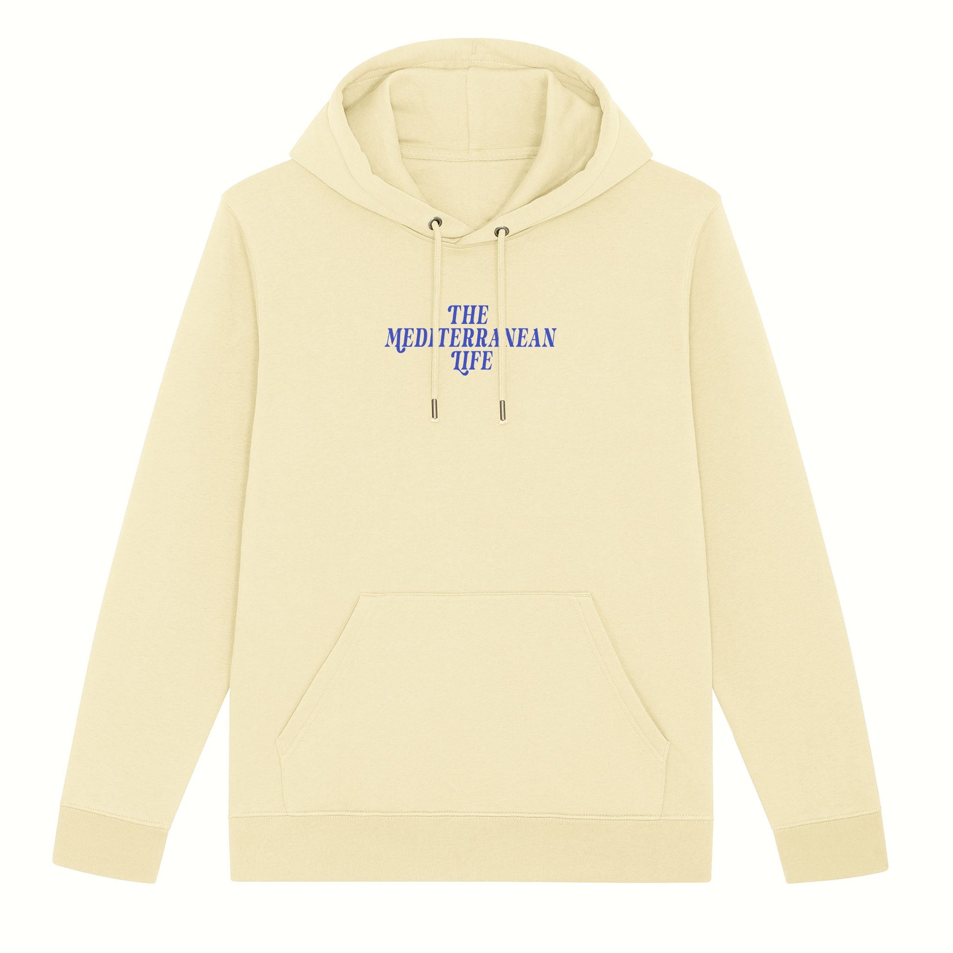 Fear the ordinary cream premium organic cotton hoodie with blue adventure inspired front print.