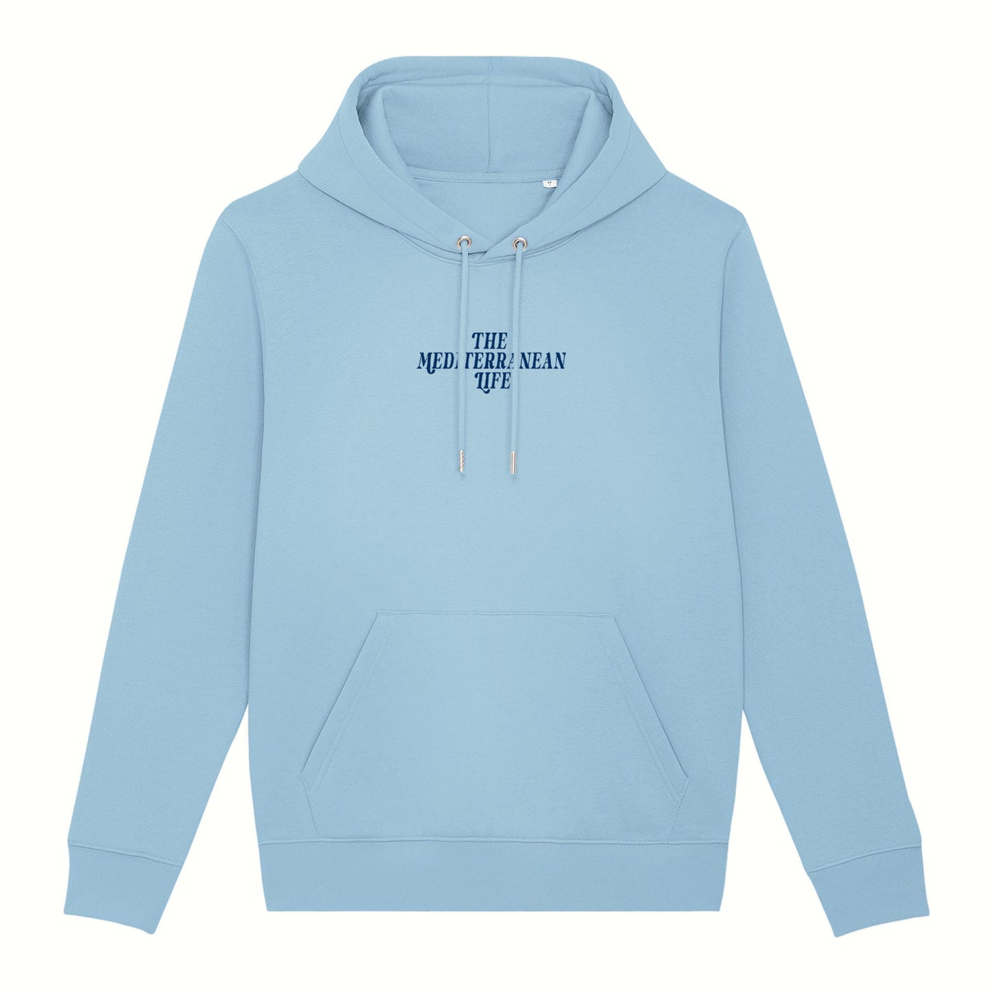 Fear the ordinary sky blue premium organic cotton hoodie with cobalt blue adventure inspired front print.