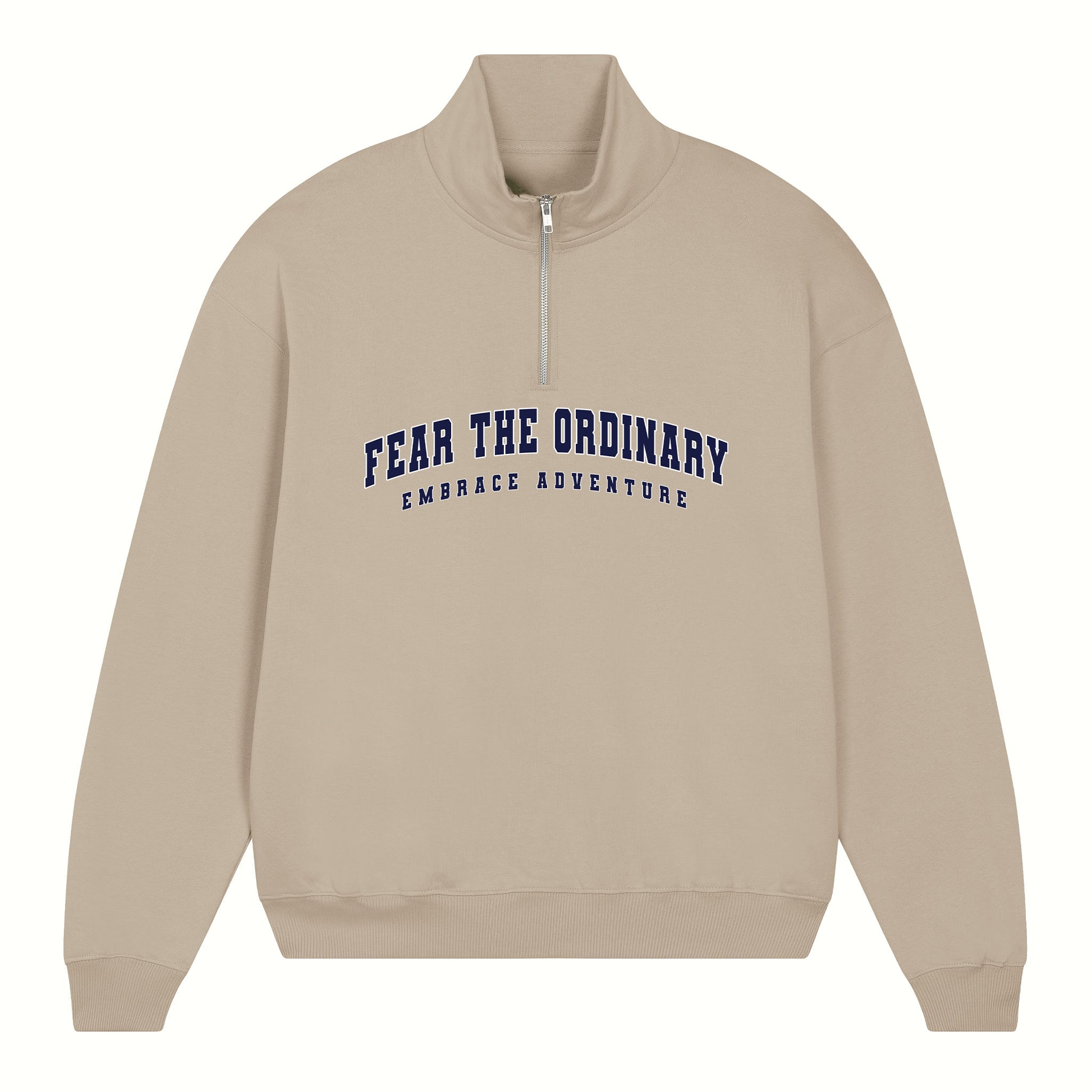Fear the ordinary sand oversized vintage half zip sweater with blue navy embrace adventure print.