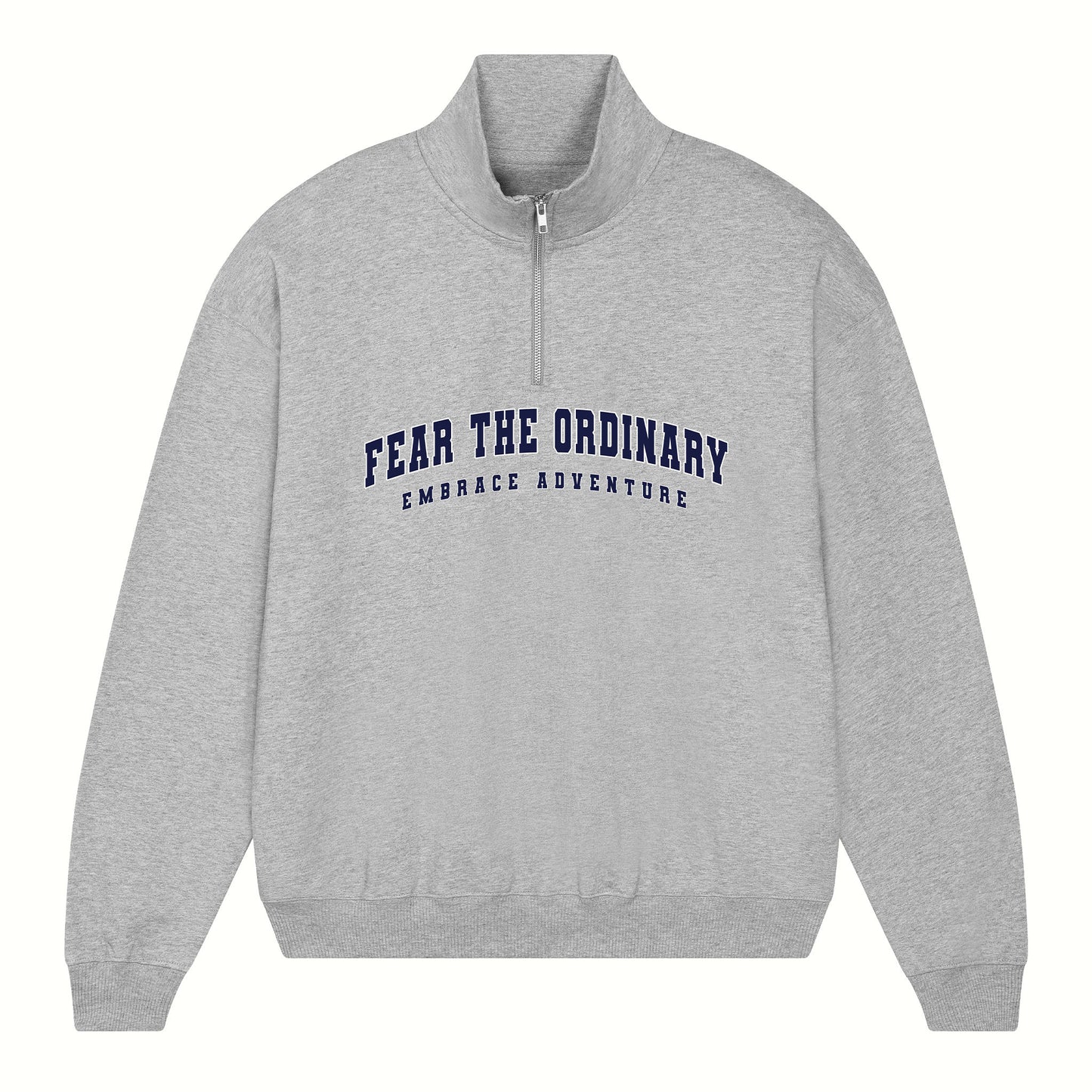 Fear the ordinary grey oversized vintage half zip sweater with blue navy embrace adventure print.