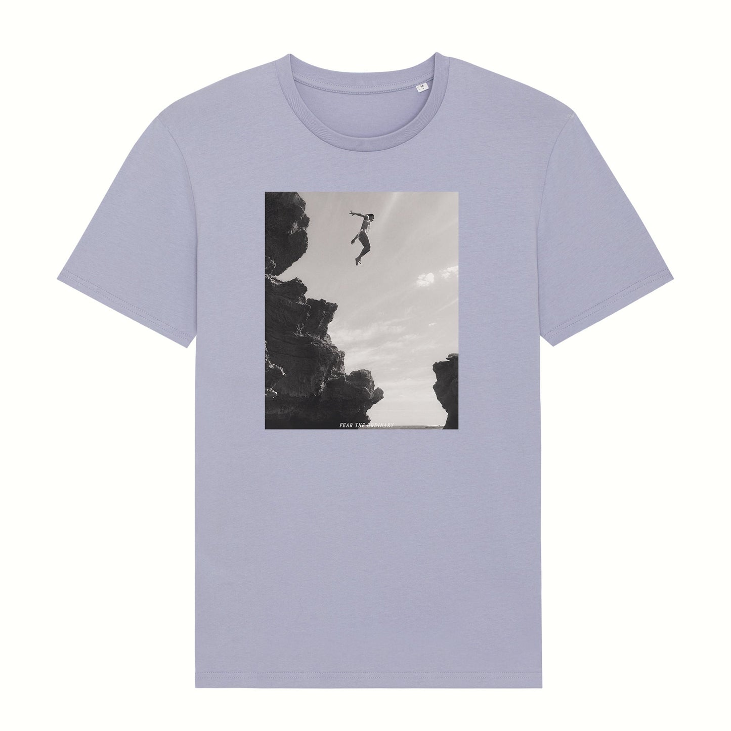 Fear The Ordinary lavender premium organic cotton t-shirt with black and white photo print of a girl jumping from a cliff.