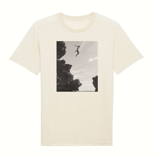 Fear The Ordinary Natural premium organic cotton t-shirt with black and white photo print of a girl jumping from a cliff.