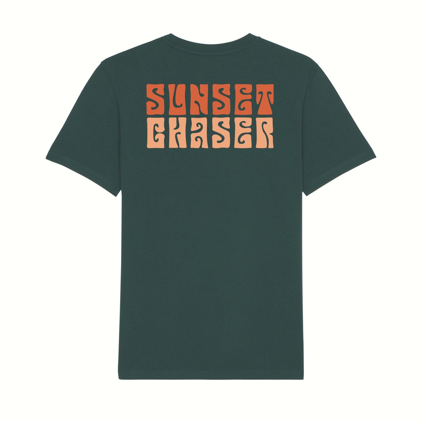 Fear The Ordinary dark green premium organic cotton t-shirt with a Sunset Chaser back print.