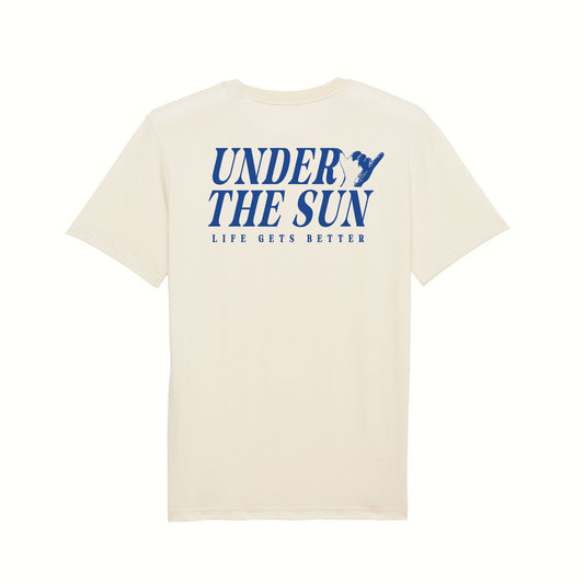 Fear The Ordinary natural premium organic cotton t-shirt with blue cobalt under the sun summer inspired back print.