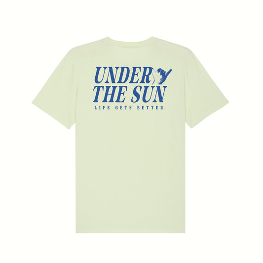 Fear The Ordinary light mint premium organic cotton t-shirt with blue cobalt under the sun summer inspired back print.